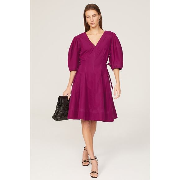 3.1 PHILLIP LIM Purple A-Line V-Neck Puff Sleeves Godet Belted Dress Size 2 - Picture 1 of 12